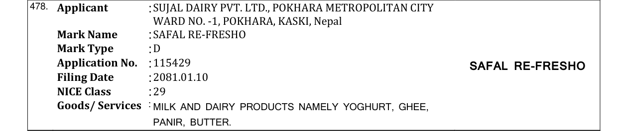 Original bulletin entry for SAFAL RE-FRESHO