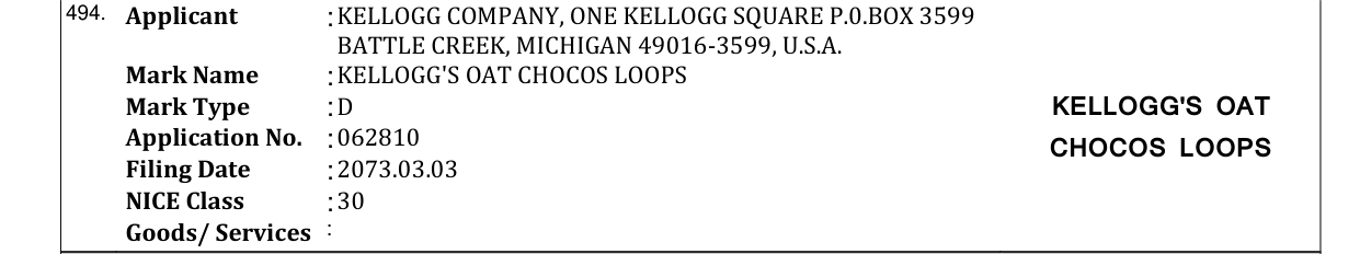 Original bulletin entry for KELLOGG'S OAT CHOCOS LOOPS