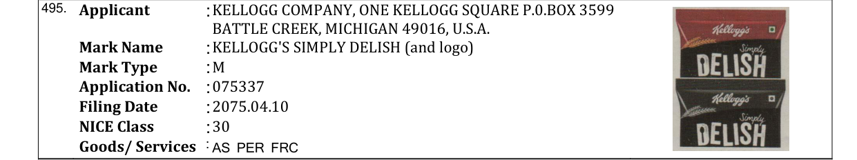 Original bulletin entry for KELLOGG'S SIMPLY DELISH (and logo)