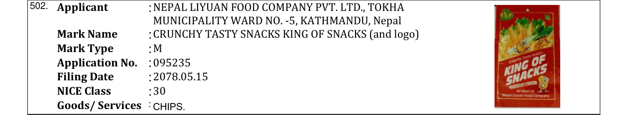 Original bulletin entry for CRUNCHY TASTY SNACKS KING OF SNACKS (and logo)