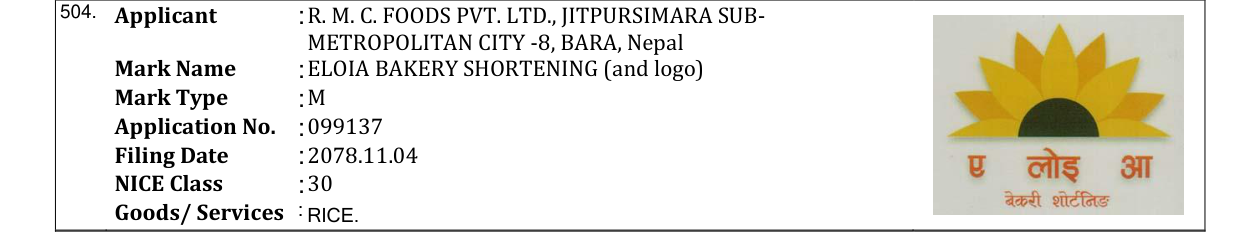 Original bulletin entry for ELOIA BAKERY SHORTENING (and logo)