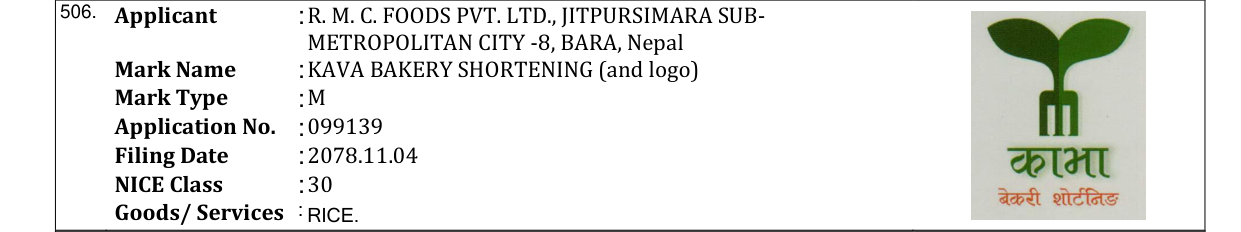 Original bulletin entry for KAVA BAKERY SHORTENING (and logo)
