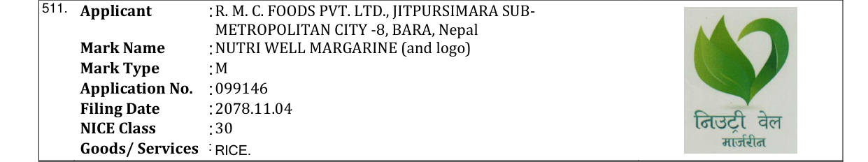 Original bulletin entry for NUTRI WELL MARGARINE (and logo)