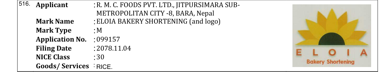 Original bulletin entry for ELOIA BAKERY SHORTENING (and logo)