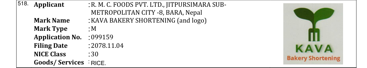 Original bulletin entry for KAVA BAKERY SHORTENING (and logo)