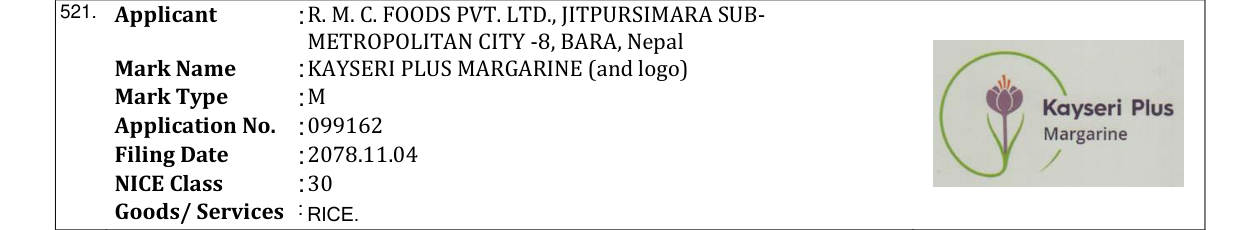 Original bulletin entry for KAYSERI PLUS MARGARINE (and logo)