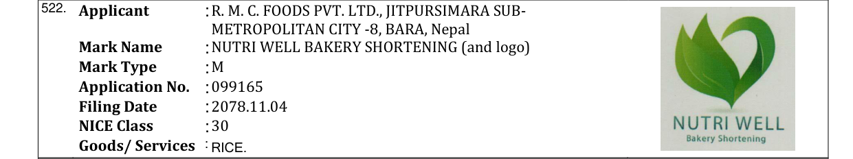 Original bulletin entry for NUTRI WELL BAKERY SHORTENING (and logo)