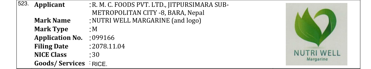 Original bulletin entry for NUTRI WELL MARGARINE (and logo)