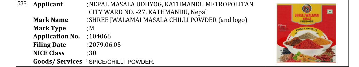 Original bulletin entry for SHREE JWALAMAI MASALA CHILLI POWDER (and logo)