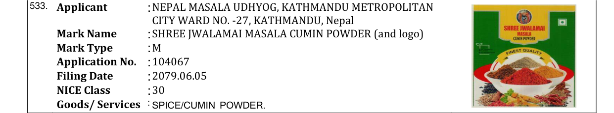 Original bulletin entry for SHREE JWALAMAI MASALA CUMIN POWDER (and logo)