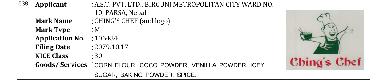 Original bulletin entry for CHING'S CHEF (and logo)