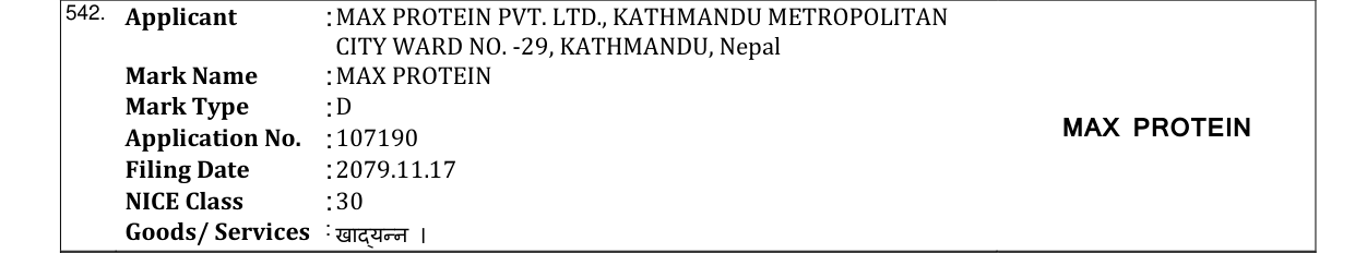 Original bulletin entry for MAX PROTEIN