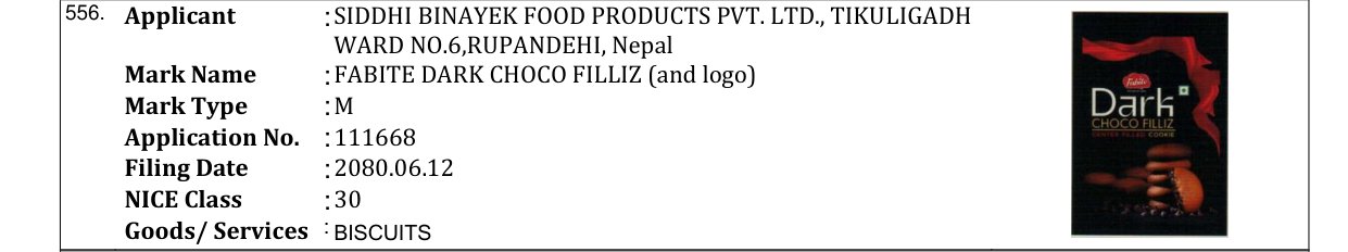 Original bulletin entry for FABITE DARK CHOCO FILLIZ (and logo)