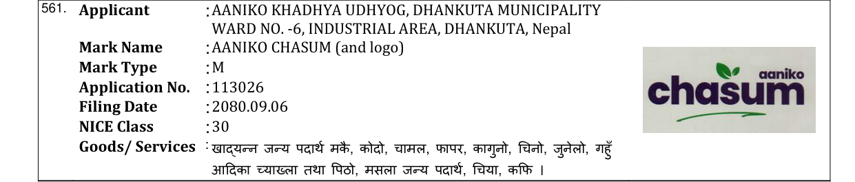 Original bulletin entry for AANIKO CHASUM (and logo)