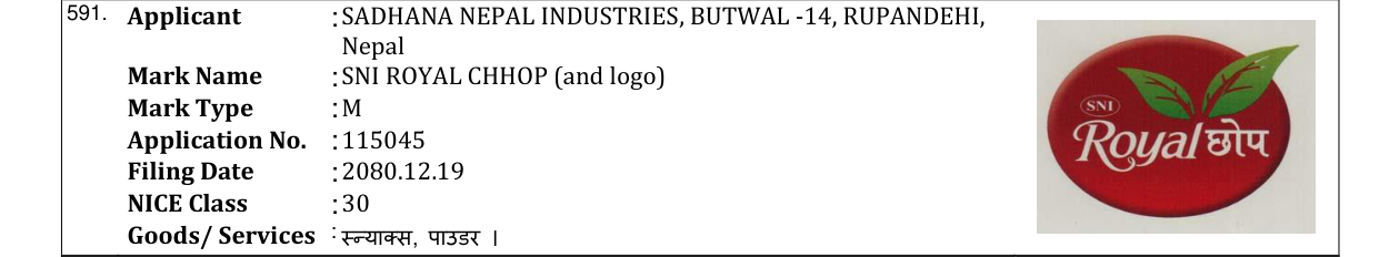 Original bulletin entry for SNI ROYAL CHHOP (and logo)