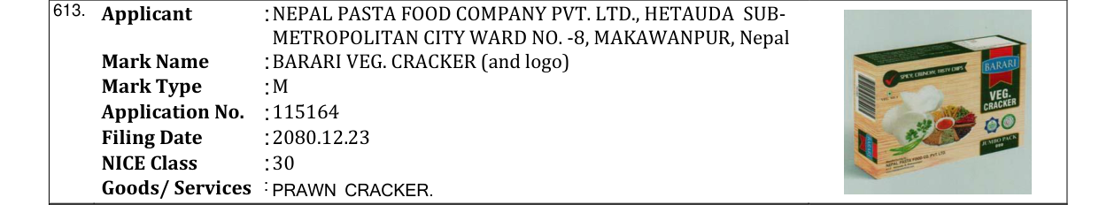 Original bulletin entry for BARARI VEG. CRACKER (and logo)
