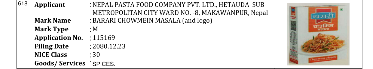 Original bulletin entry for BARARI CHOWMEIN MASALA (and logo)