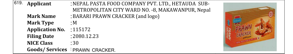Original bulletin entry for BARARI PRAWN CRACKER (and logo)