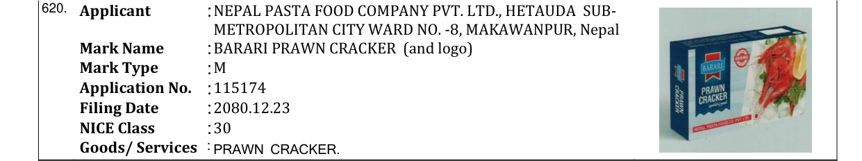 Original bulletin entry for BARARI PRAWN CRACKER (and logo)