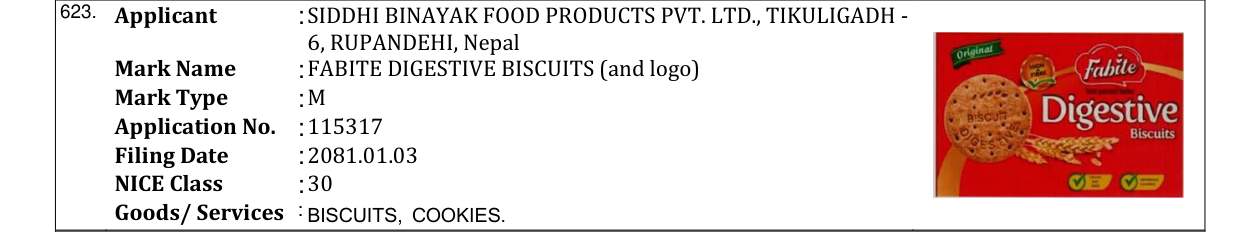Original bulletin entry for FABITE DIGESTIVE BISCUITS (and logo)