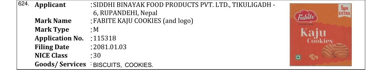Original bulletin entry for FABITE KAJU COOKIES (and logo)