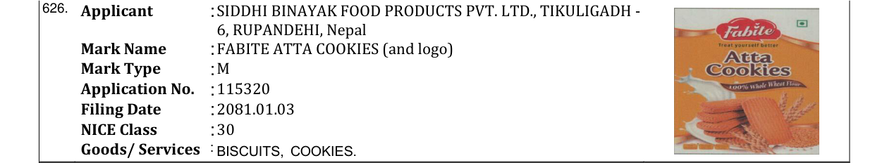Original bulletin entry for FABITE ATTA COOKIES (and logo)