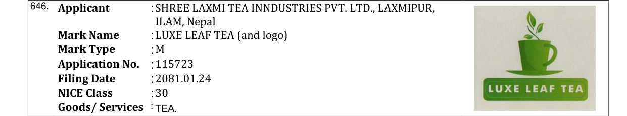 Original bulletin entry for LUXE LEAF TEA (and logo)