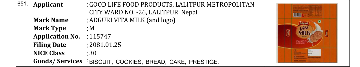 Original bulletin entry for ADGURI VITA MILK (and logo)