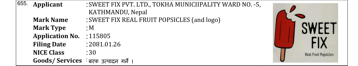 Original bulletin entry for SWEET FIX REAL FRUIT POPSICLES (and logo)