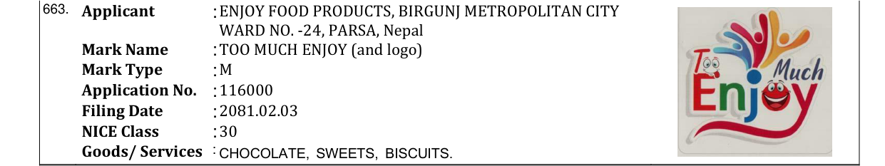 Original bulletin entry for TOO MUCH ENJOY (and logo)