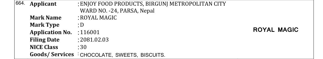 Original bulletin entry for ROYAL MAGIC