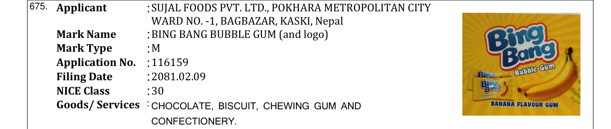 Original bulletin entry for BING BANG BUBBLE GUM (and logo)