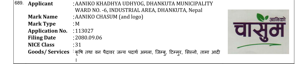 Original bulletin entry for AANIKO CHASUM (and logo)