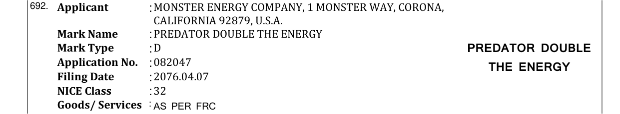 Original bulletin entry for PREDATOR DOUBLE THE ENERGY