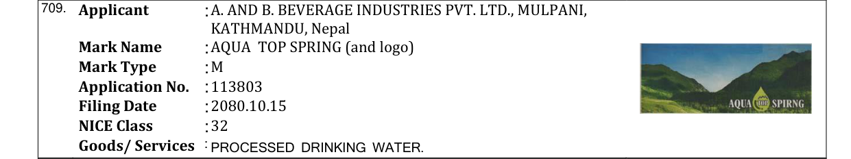 Original bulletin entry for AQUA TOP SPRING (and logo)