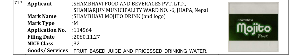 Original bulletin entry for SHAMBHAVI MOJITO DRINK (and logo)