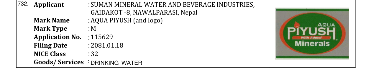 Original bulletin entry for AQUA PIYUSH (and logo)