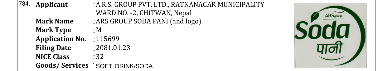 Original bulletin entry for ARS GROUP SODA PANI (and logo)
