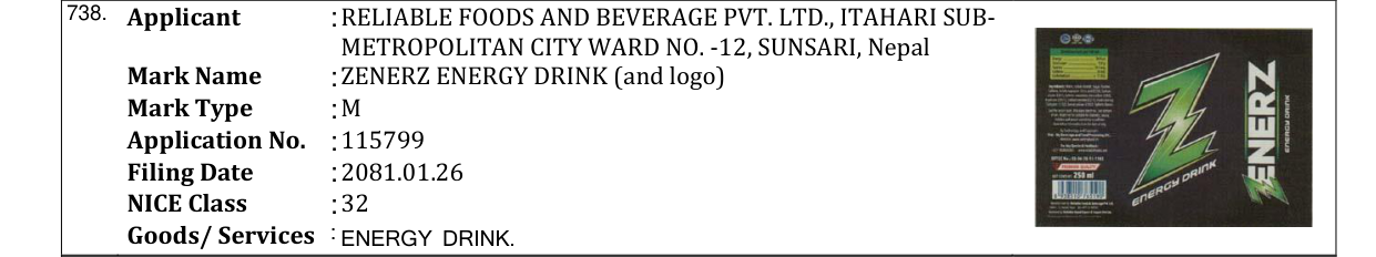 Original bulletin entry for ZENERZ ENERGY DRINK (and logo)
