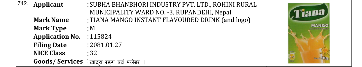 Original bulletin entry for TIANA MANGO INSTANT FLAVOURED DRINK (and logo)