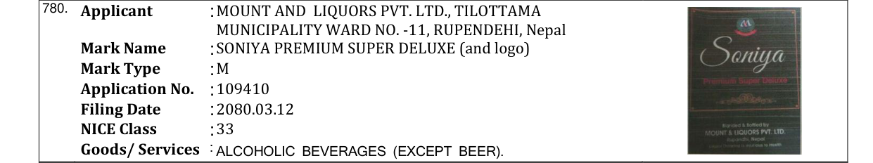 Original bulletin entry for SONIYA PREMIUM SUPER DELUXE (and logo)