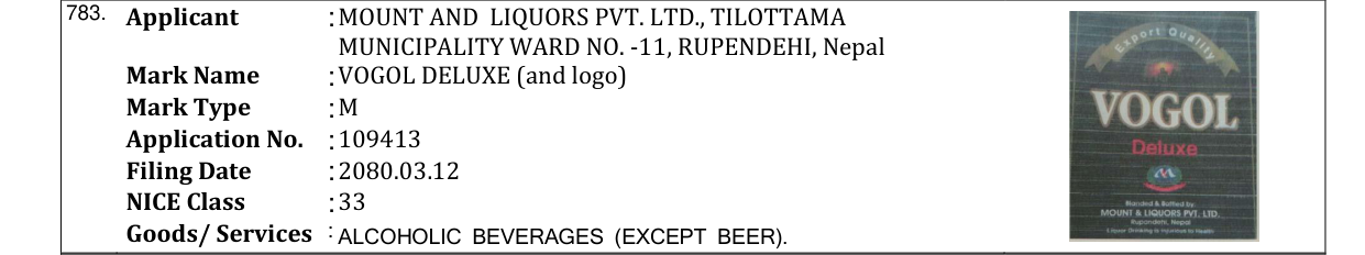 Original bulletin entry for VOGOL DELUXE (and logo)