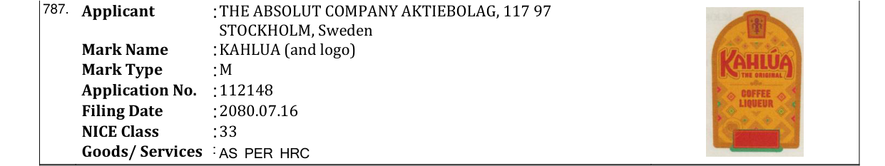 Original bulletin entry for KAHLUA (and logo)