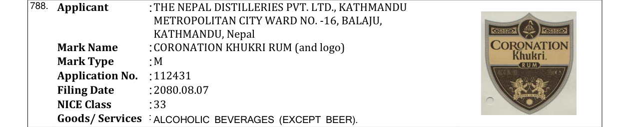 Original bulletin entry for CORONATION KHUKRI RUM (and logo)