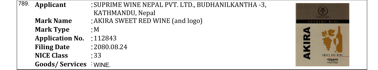 Original bulletin entry for AKIRA SWEET RED WINE (and logo)
