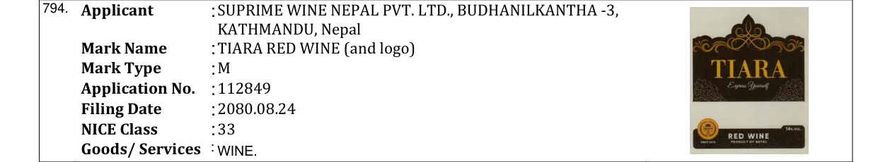 Original bulletin entry for TIARA RED WINE (and logo)