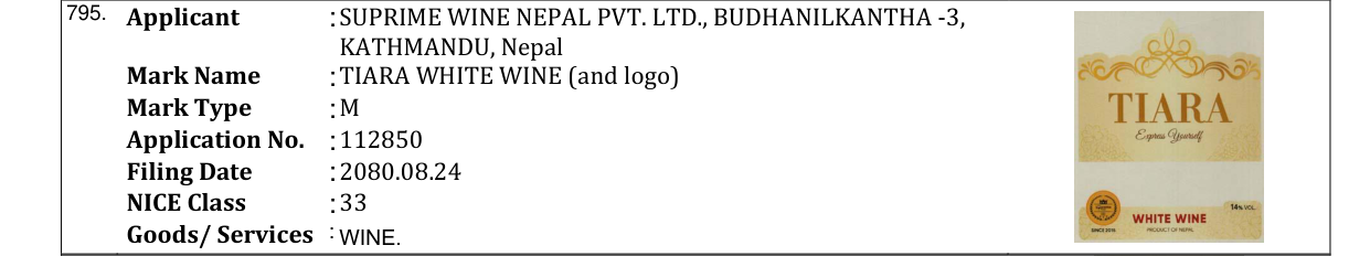 Original bulletin entry for TIARA WHITE WINE (and logo)