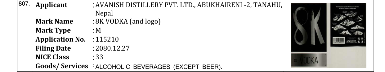 Original bulletin entry for 8K VODKA (and logo)