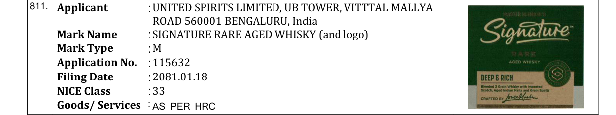 Original bulletin entry for SIGNATURE RARE AGED WHISKY (and logo)