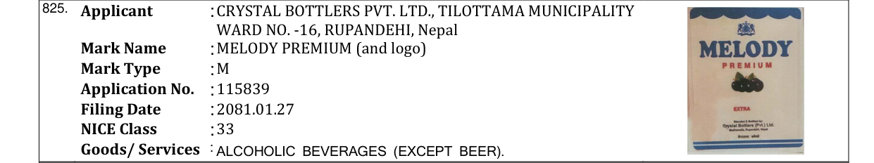 Original bulletin entry for MELODY PREMIUM (and logo)